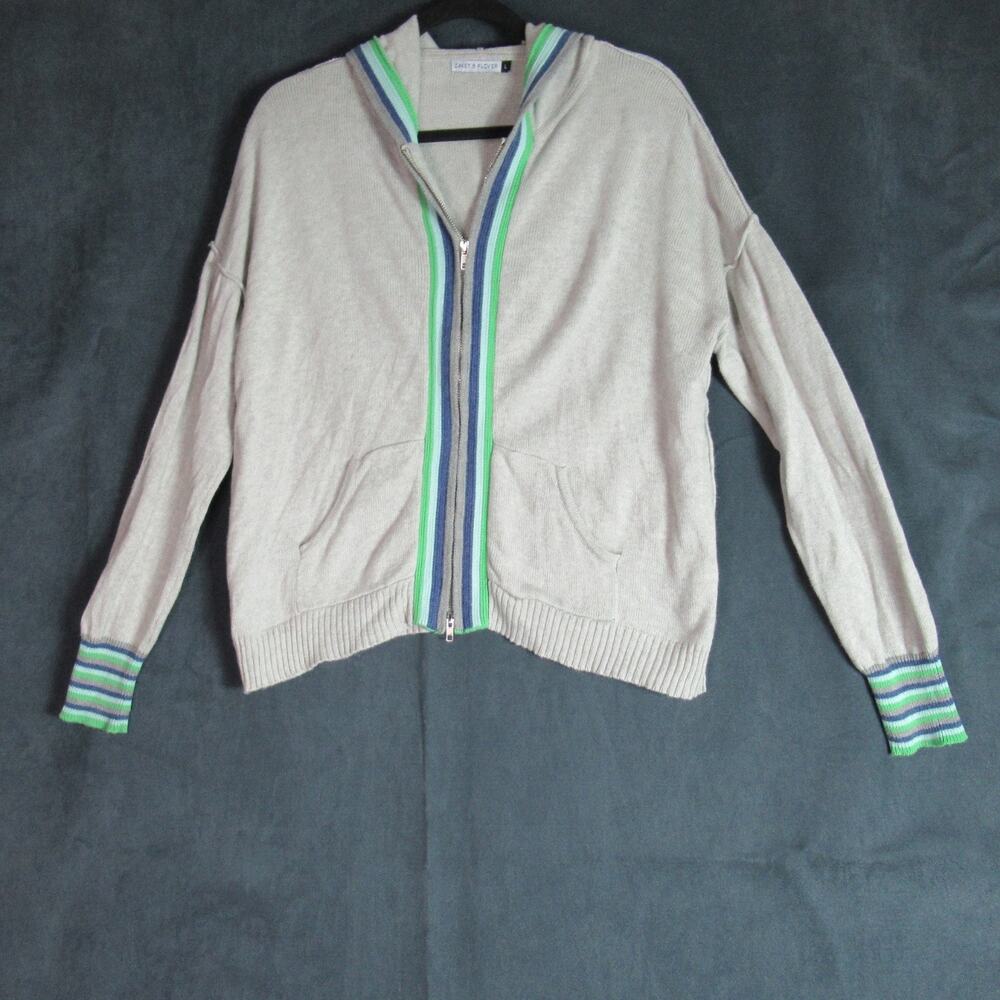 Zaket & Plover Zip Hoodie Womens Large Oatmeal Striped Trim Cashmere Cotton